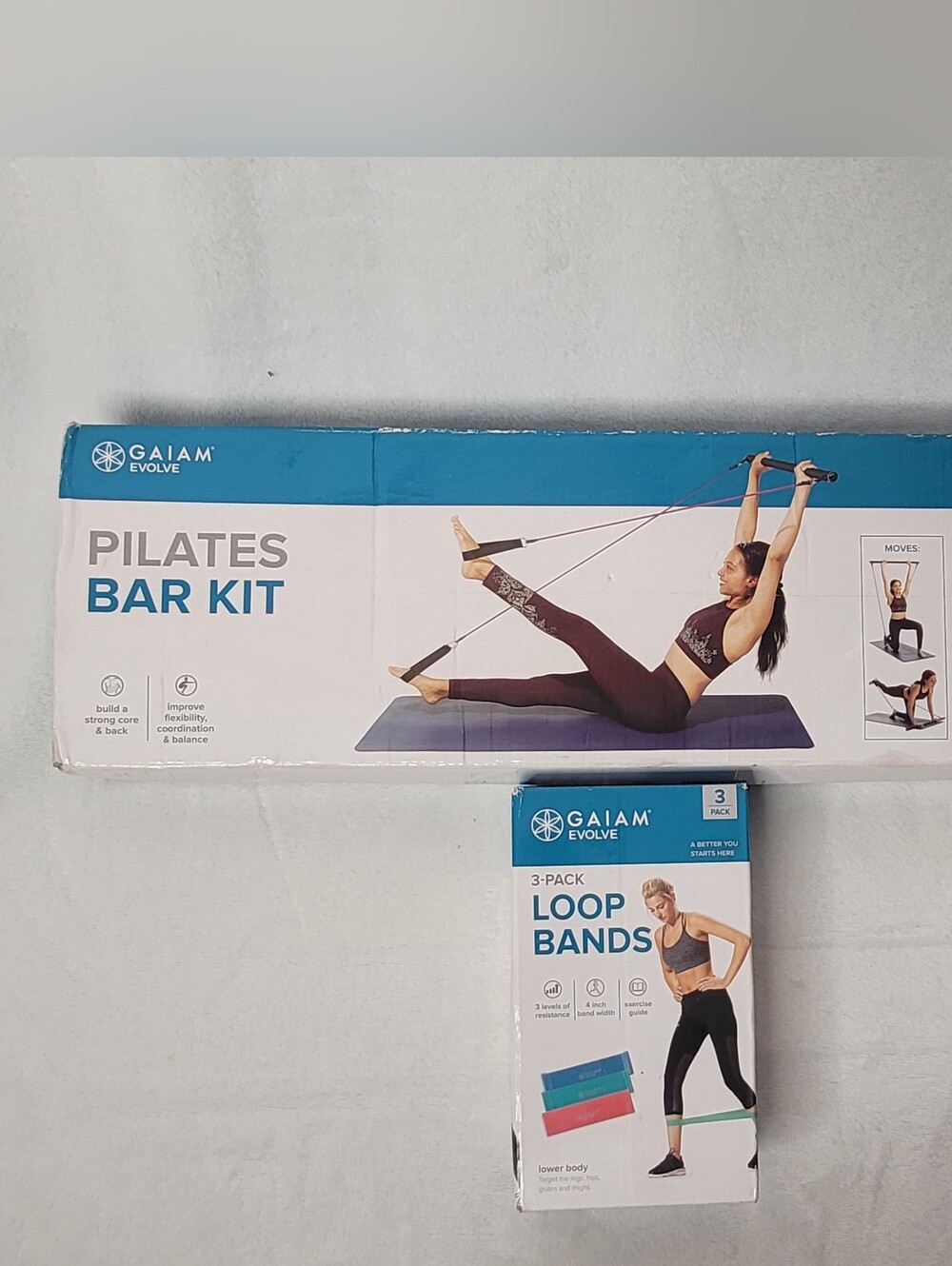 Gaiam Evolve Pilates Bar Kit & 3 Pack Loop Bands Bundle NIB Fitness Home Workout